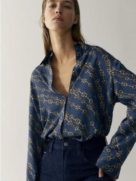 Massimo Dutti Grey & Gold Horse-Bit Chain-Print Button-Up Blouse Size 12